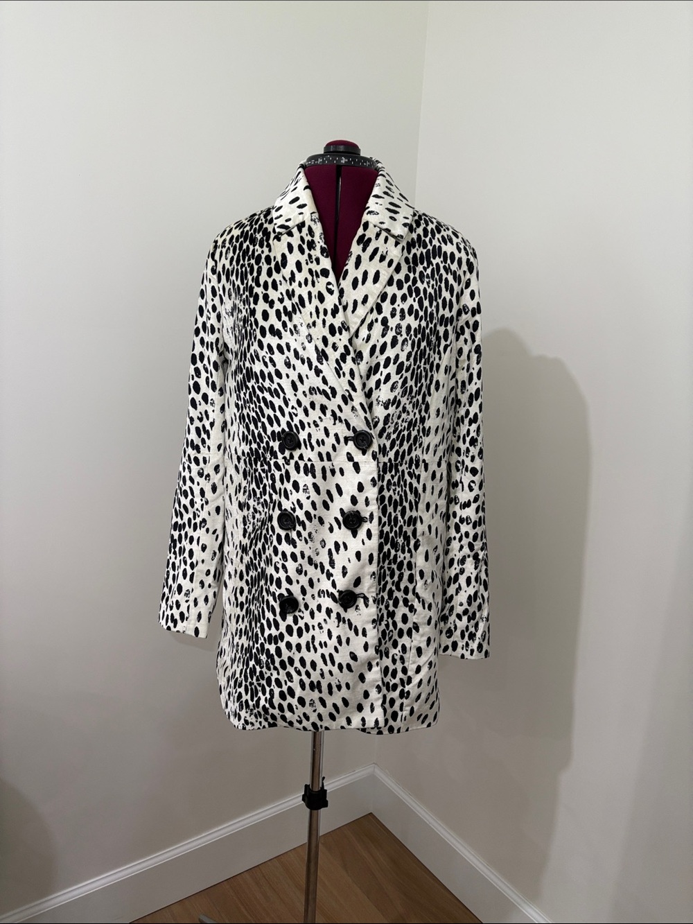 Free People Black & White Dalmatian-Print Double-Breasted Pea Coat